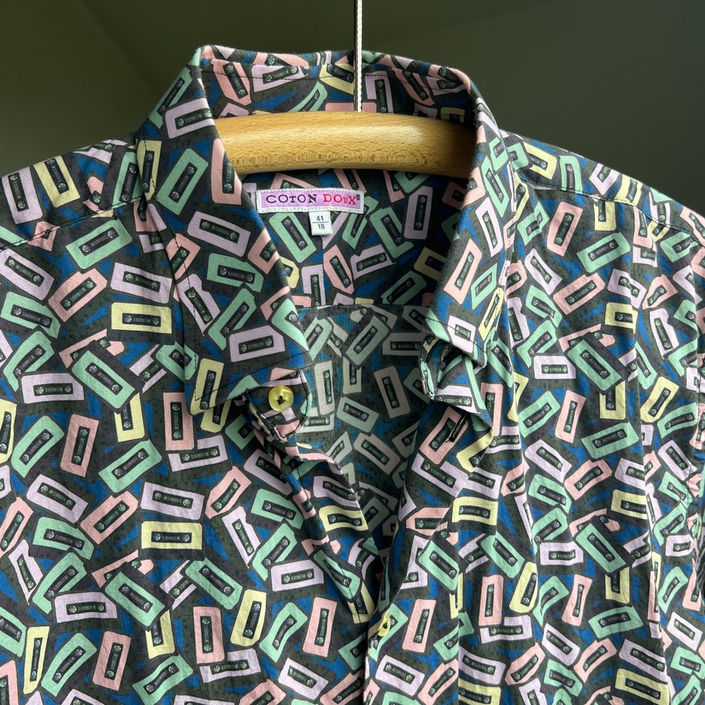 Coton Doux Button Up Shirt Multicolor Cassette Tape Print Long Sleeve Retro 90s